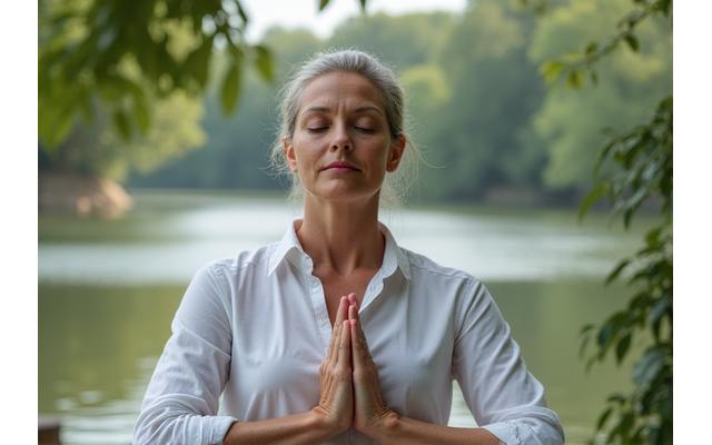 Žena v meditační pozici v klidném přírodním prostředí, symbolizující duševní pohodu a osobní rozvoj skrze jógu.